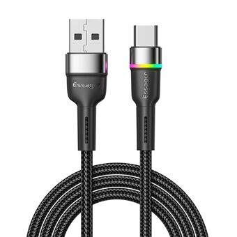 ESSAGER 3m 3A Fast Charging Cable Bend-Resistant 480Mbps Speed Transfer Data Cord with Color Indicator Light Braided USB-A to Type-C Charging Cable - Black