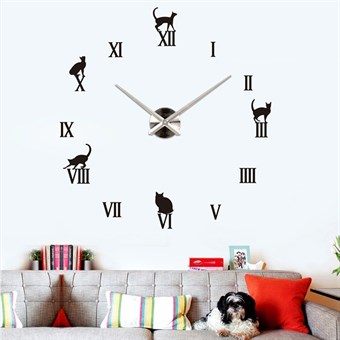 Classic 110x110 cm self-adhesive wall clock with Roman numerals and cats motif black.