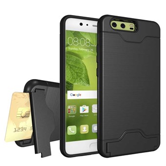 Steel Look Cover in TPU and PC w / Card Holder and Kickstand for Huawei P10 Plus - Black
