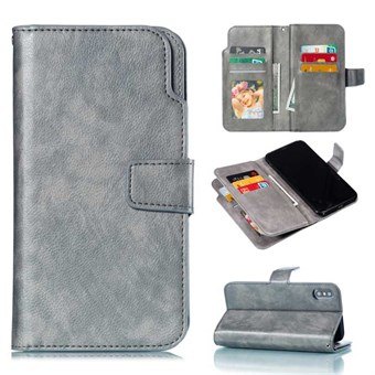 Crazy Horse Leather Case for iPhone XS Max with Card Holder - Gray