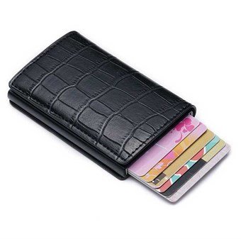High Slim Leather Crocodile Credit Card Holder - Black