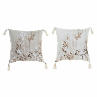 Cushion DKD Home Decor Beige Polyester White Flowers (45 x 10 x 45 cm) (2 Units)