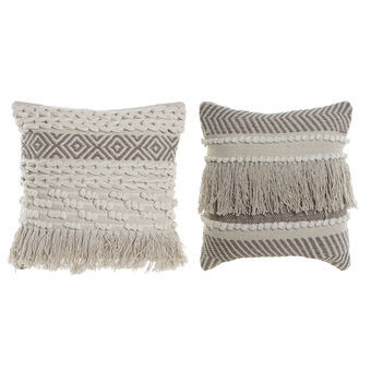 Cushion DKD Home Decor Polyester Cotton White Fringe Boho (45 x 10 x 45 cm) (2 Units)