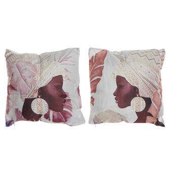 Cushion DKD Home Decor Beige Brown Polyester Aluminium Colonial African Woman (45 x 10 x 45 cm) (2 Units)