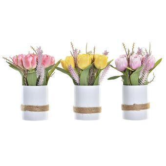 Decorative Flowers DKD Home Decor Vase Ceramic Pink Cloth Fuchsia White Yellow Tulip (18 x 18 x 26 cm) (3 Units)