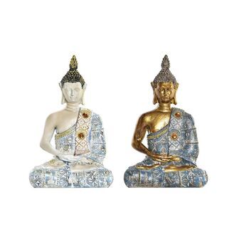 Decorative Figure DKD Home Decor Blue Golden Buddha White Resin (12,5 x 8,8 x 20,5 cm) (2 Units)