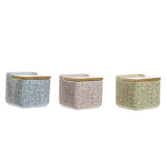 Salt Shaker with Lid DKD Home Decor Flowers Blue Pink Green Bamboo Dolomite (12.5 x 12.5 x 12.5 cm) (3 pcs)