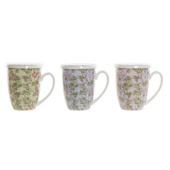 Cup with Tea Filter DKD Home Decor Porcelain Blue Pink Stainless steel Green (380 ml) (3 Units)