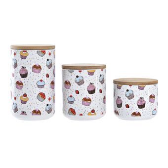 3 Tubs DKD Home Decor Natural White Multicolour Bamboo Stoneware Cupcake (3 Pieces)