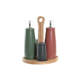 Condiment Set DKD Home Decor Natural Pink Rubber wood White Green Stoneware (19 x 16 x 22,5 cm)
