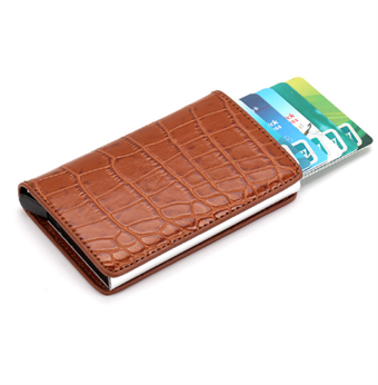 High Slim Leather Crocodile Credit Card Holder - Brown