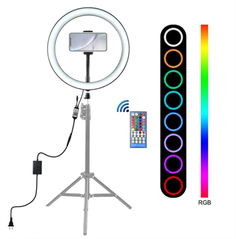 PULUZ 26cm RGBW Light + 1.65m Tripod Mount Curved Surface USB RGBW Dimmable LED Ring Vlogging Video Light Live Broadcast Kits with Cold Shoe Tripod Ball Head & Phone Clamp & Remote Control (Black)