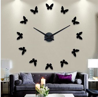 Large modern 110x110 cm wall clock with butterflies