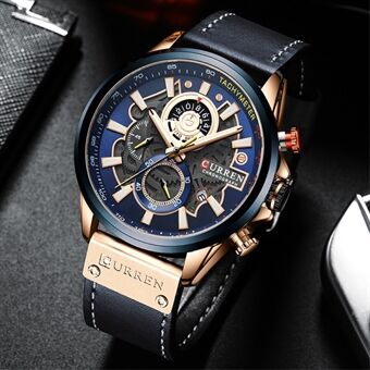 CURREN Waterproof Men Quartz Watch Leather Strap Multi-function Luminous Wristwatch - Black/Blue