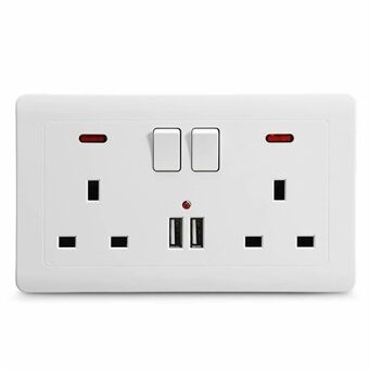 Double Wall Plug Socket 2 Gang 13A 2 USB Charger Port Outlets White Plate UK Plug