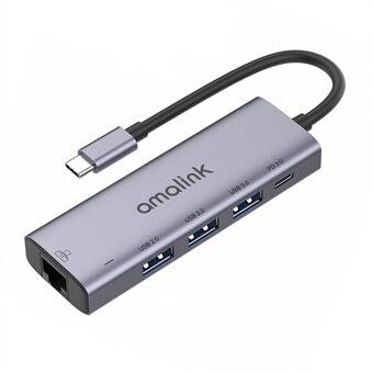 AMALINK 5 in 1 Driver Free Type C Hub 2x USB 2.0 3.0 PD 3.0 RJ45 Lan Adapter