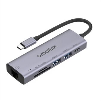 AMALINK AL-95122D 6 in 1 Type C Hub TF Card Reader USB 2.0+3.0 PD 3.0 RJ45 Adapter Up to 85W Power Delivery