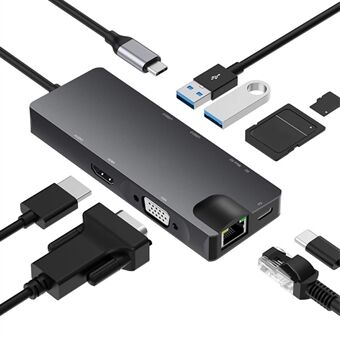 8 in 1 USB-C Hub Type C to RJ45 / PD 100W Charging Port / HD / Card Reader / 3.5mm Audio Jack / VGA / 2x USB 3.0 Port Docking Station