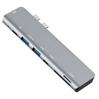 7 in 1 Portable Aluminum Alloy Dual Type-C Hub to USB 3.0 + USB C + USB + SD / TF Card Reader Multiport Adapter Dongle for MacBook