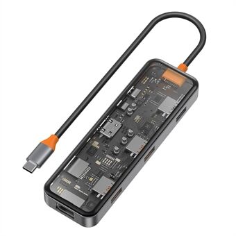 WIWU CB008 Metal Tempered Glass Transparent Type-C Hub Adapter 8-in-1 Multi-Port USB-C Docking Station Converter Support HD 4K, PD 100W, Gigabit, TF Card Reader