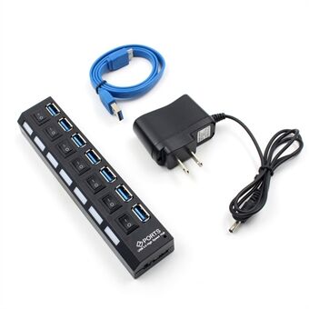 USB 3.0 Desktop Cable On/Off Switch 7-Port HUB for Laptop Computer with AC Adapter