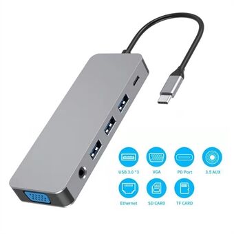 YK9321 11 in 1 Aluminium Type C HUB USB C to USB3.0 VGA Ethernet TF Card PD Docking Station Adapter Cable for Laptop