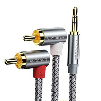ESSAGER 1m Nylon Braided Aux Cord AUX 3.5mm to Dual Angled Head RCA Audio Adapter Cable