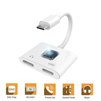 USB C Double Type-C Splitter Digital Audio Charging Adapter Converter Support PD Fast Charge - White