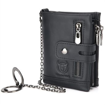 BULLCAPTAIN 04 Top Layer Cowhide Leather Men Short Wallet Multi Card Slots Wallet with Anti-theft Phone Stand Chain