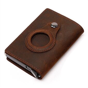 For Apple AirTag Business Genuine Cow Leather Auto Pop-Up Wallet Purse ID Credit Bank Card Holder - Red Brown