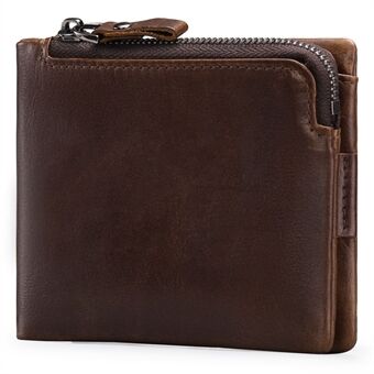 5250 Cowhide Leather Retro Men Zipper Pocket Design Folding Wallet Cards Cash Storage Bag