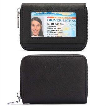 GOLACLL GLQ172 Cross Texture Genuine Cowhide Leather Card Holder Organizer Zipper Purse with Clear ID Card View Window