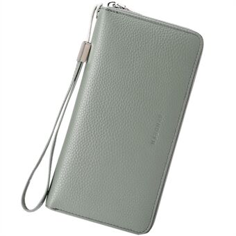 SENDEFN 5204 RFID Blocking Litchi Texture Cowhide Leather Cellphone Purse Women Clutch Long Zipper Wallet with Hand Strap