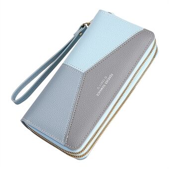 TEAYY SLW-301 Women Clutch Color Splicing PU Leather Dual Layer Zipper Long Purse Cellphone Wallet with Hand Strap