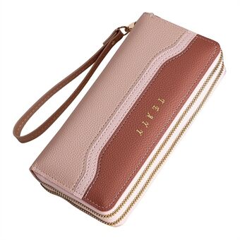 TEAYY SLW-303 Women Color Splicing PU Leather Long Purse Dual Layer Zipper Clutch Cellphone Wallet with Hand Strap