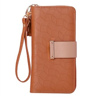 TEAYY DCK-250 Grid Pattern PU Leather Cellphone Purse Hasp Design Women Zipper Clutch Long Wallet with Hand Strap