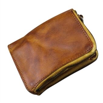SG604 Double Zipper Short Wallet Retro Wrinkled Top Layer Cowhide Leather Bi-fold Card Holder Coin Purse