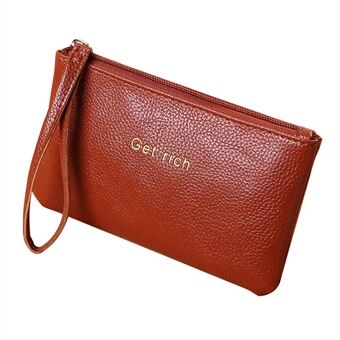 66885 Litchi Texture PU Leather Ultra Slim Long Wallet Clutch Zipper Coin Purse with Wrist Strap