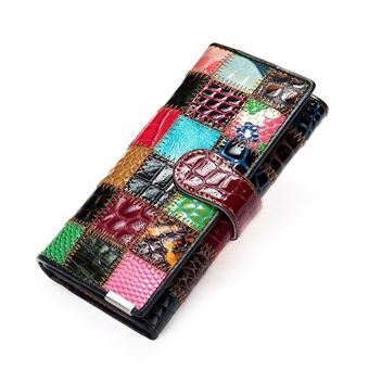 4202 Color Splicing Cellphone Clutch Women Purse Top Layer Cowhide Leather Tri-fold Long Wallet