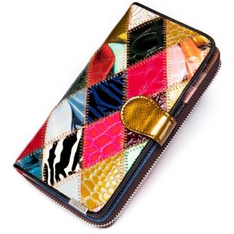 3017 Color Splicing Zipper Long Wallet Women Purse Top Layer Cowhide Leather Cellphone Clutch