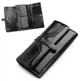 Tri-fold Oil Wax Cowhide Genuine Leather Clutch Wallet Card Slot Organizer for Women - Black