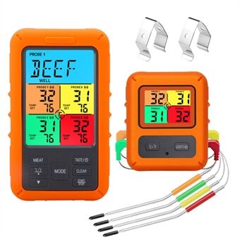TS-TP40-X Four Probes Wireless Barbecue Temperature Counting Display Color Screen Food Thermometer with Timer/Countdown Function for Baking (With FDA, BPA-Free)