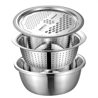 3-in-1 Stainless Steel Grater Strainer Drain Basket and Salad Maker Bowl Multifunctional Kitchen Tool, 26cm
