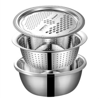 3-in-1 Stainless Steel Grater Strainer Drain Basket and Salad Maker Bowl Multifunctional Kitchen Tool, 28cm