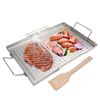 Non-stick Stainless Steel BBQ Grill Pan Barbecue Trays Portable Camping Grill with Handle Wooden Spatula