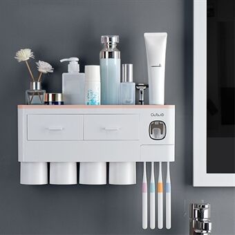 ASWEI A1910 Bathrooms Wall Mounted 4 Cups Toothbrush Holder with Toothpaste Dispenser, Tray, 2 Drawer, 4 Brush Slot