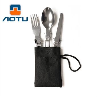 AOTU AT6387 Outdoors Stainless Steel Foldable Knife + Fork + Spoon 3-in-1 Set for Camping, Hiking etc.