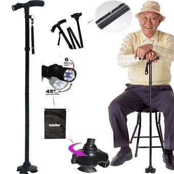 Multi-function 4-section Aluminum Alloy Folding Walking Stick Cane with LED Light for Old Gentleman or Lady