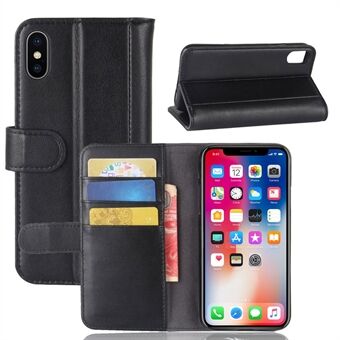 Genuine Leather Wallet Stand Shell Case for iPhone X Cell Phone Accessory - Black