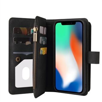 Skin-touch Feel Cellphone Leather Cover Multiple Card Slots Stand Wallet Case with Zipper Pocket and Lanyard for iPhone X/XS